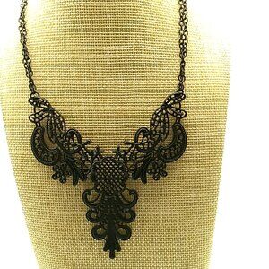 Charming Charlie Metalwork Necklace Black Cut-Out Filigree Lace Panel Statement